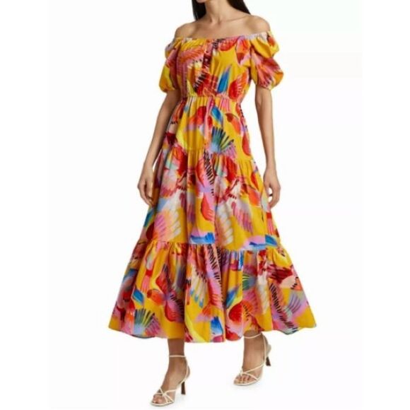 SOLD FARM Rio Neon Macaws Maxi Dress Beaded Tropical Bird Yellow Pink Size L - Picture 2 of 16